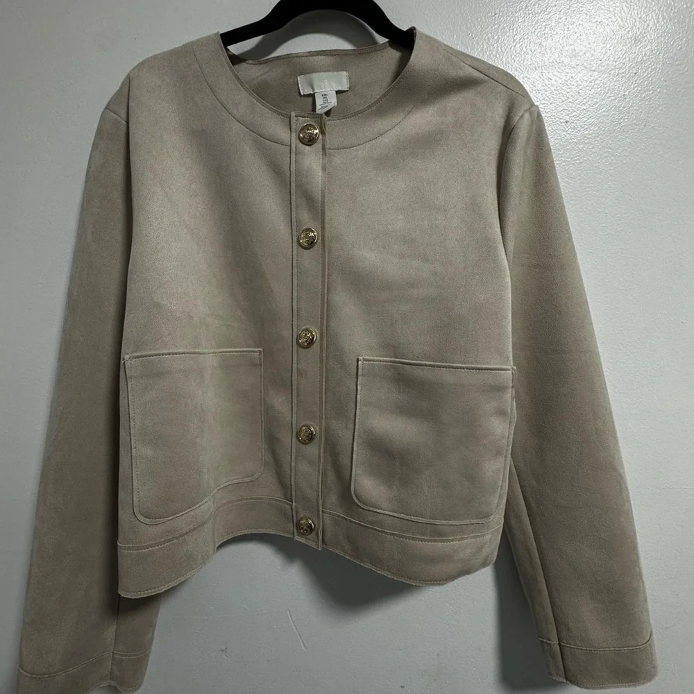 H&M Light Beige Faux Suede Jacket Blazer Size L Neutral Layering - Picture 7 of 8